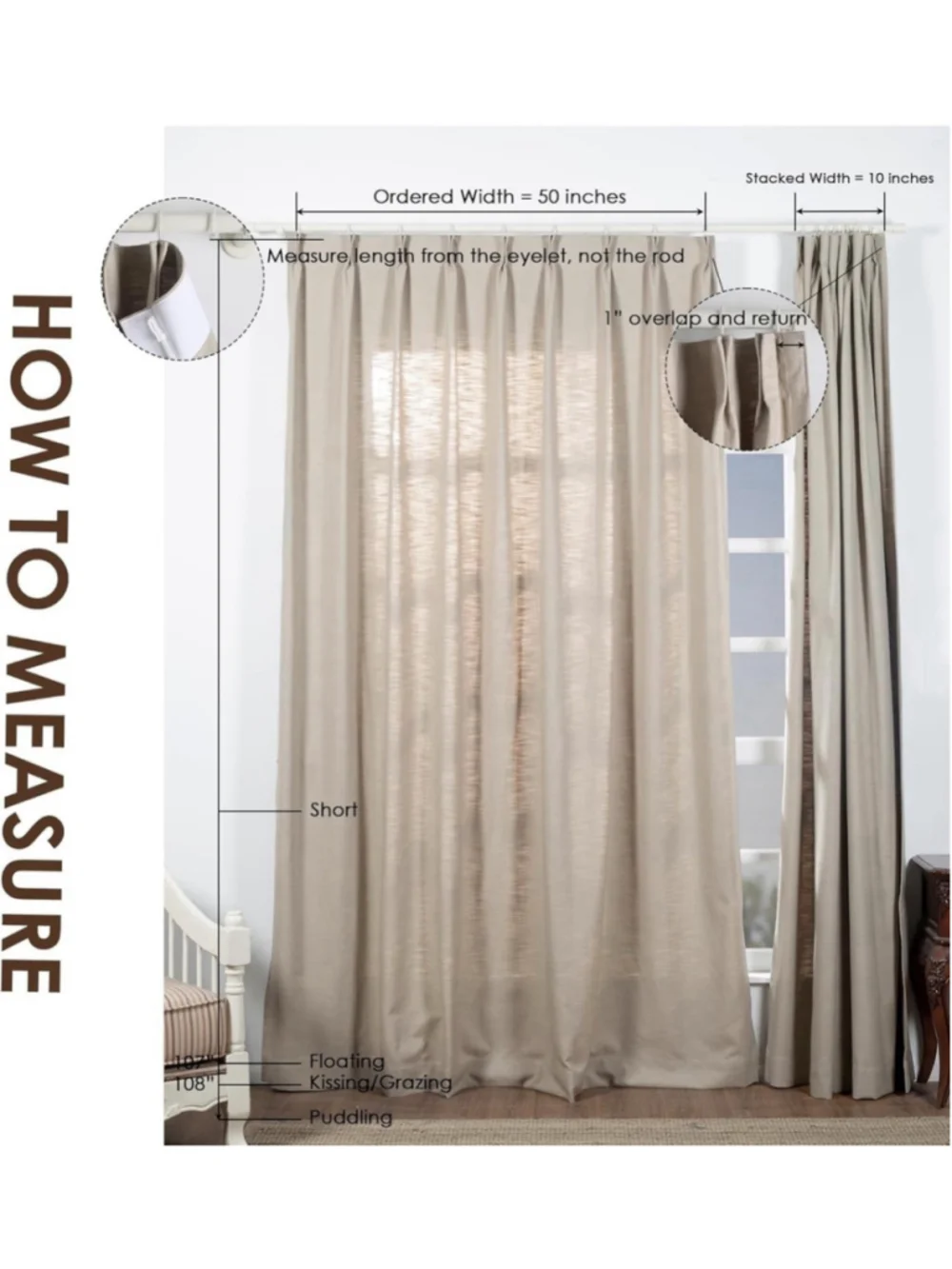 TWOPAGES Pinch Pleated Linen Curtain, Beige White, 52Wx84L 1panel
